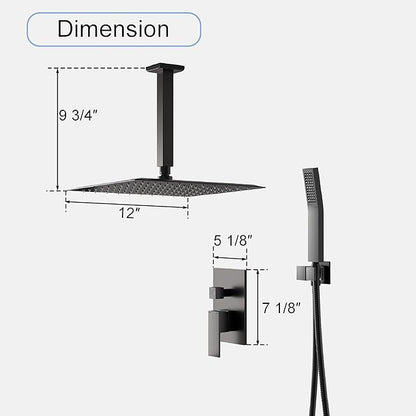 WELLFOR 12-In Ceiling Mount Shower System with Single Handle, Pressure-balanced Valve Included, Waterfall Dual Head Shower Head System, Rain Shower System, Shower Faucet Trim Kits, Matte Black
