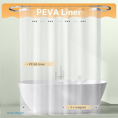 River Dream 3 in 1 Shower Curtain Set, Extra Long Waffle Fabric Shower Curtain and Waterproof Clear Liner Set with Double Sided Metal Hooks, Sage Green, 72" W*84" H