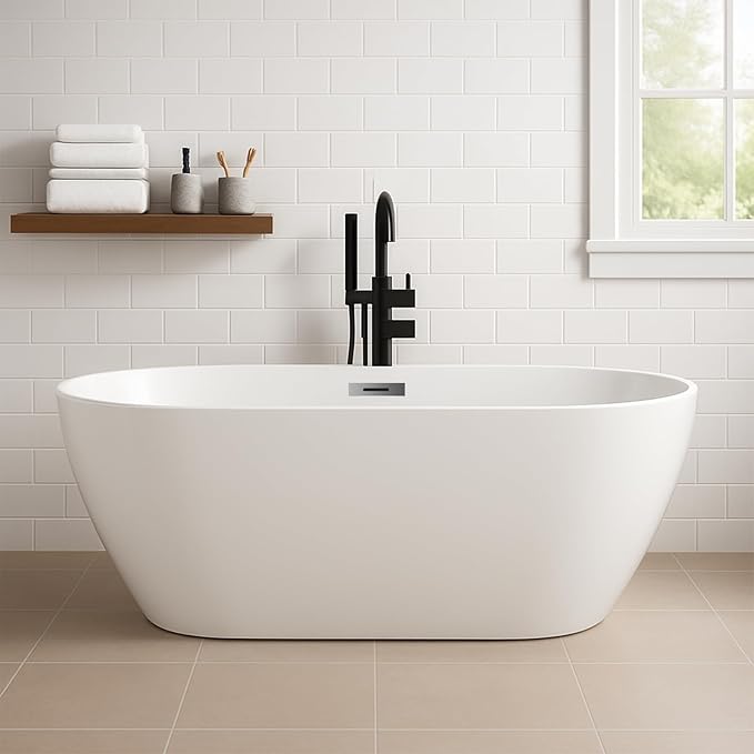 59 Inch Acrylic Freestanding Bathtub, Acrylic Soaking Bathtub with Matte Drain and Overflow, Deep Ergonomic Tub with Double-Walled Insulation, CUPC Certified, Modern Square Design