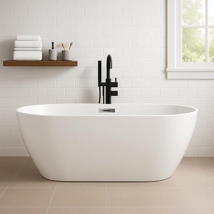 59 Inch Acrylic Freestanding Bathtub, Acrylic Soaking Bathtub with Matte Drain and Overflow, Deep Ergonomic Tub with Double-Walled Insulation, CUPC Certified, Modern Square Design