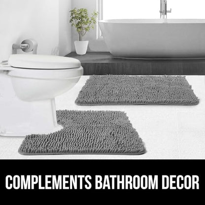 GORILLA GRIP Plush Absorbent Shaggy Chenille Bath Rug Mat for Oval Toilet Base with Rubber Backing, Machine Washable Rugs, Soft Microfiber Contour Mats for Toilets, Bathroom Decor, Grey