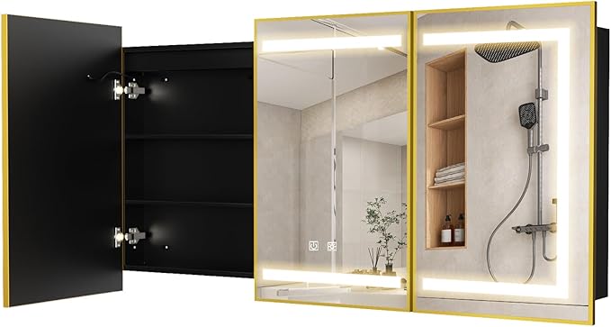 APRILSOUL 48X32 Inch Gold Bathroom Medicine Cabinet with Mirror, Recessed or Surface Lighted Medicine Cabinet with 3 Colors Temperature, Dimmable Light