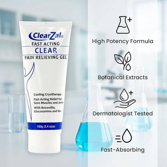 ClearZal Fast Acting Clear Pain Relieving Gel with Cooling Cryotherapy, Boswellia and Glucosamine for Sore Muscles and Joints, Soothing Cooling Gel 3.4 oz