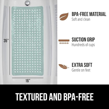 GORILLA GRIP Patented Bath Tub Shower Mat, Machine Washable Bathtub Floor Liner Mats, Suction Cups and Drain Holes to Keep Tubs Clean, Soft on Feet, Bathroom Essentials, 35x16 Inch, Mint Opaque