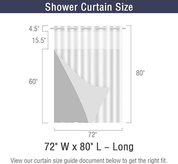 Gibelle Long Shower Curtain 72x80, Waffle Weave Bathroom Shower Curtain with Snap-in Fabric Liner Set, No Hooks Needed, Hotel Style with Mesh Top Window, Black