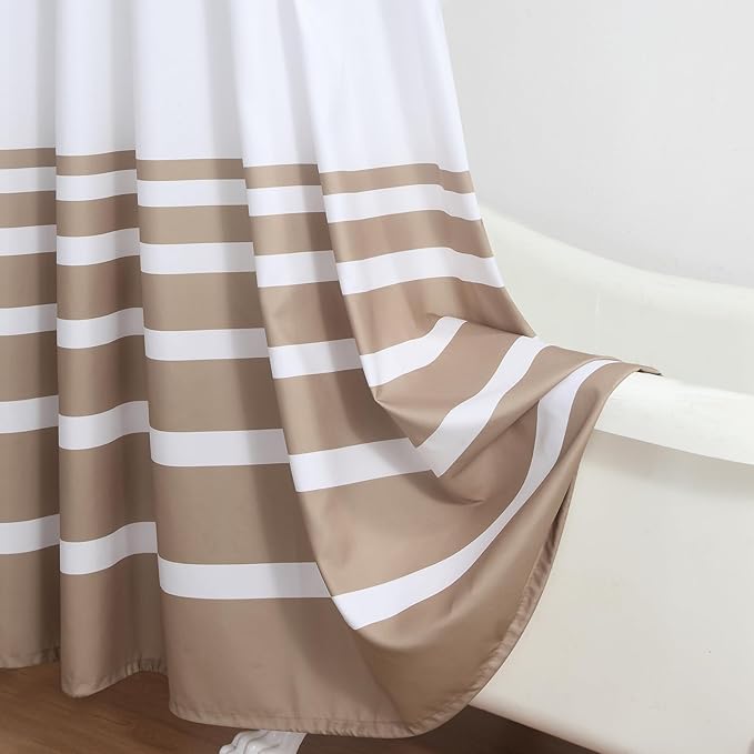 Extra Long Beige and White Striped Shower Curtain 72x84 Inches, Waterproof Fabric with Modern Gradient Lines, 12 Rustproof Grommets & Weighted Hem