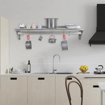 Hally Stainless Steel Shelf with 6 Hooks 14" x 48" Wall Mounted Pot Rack 350lb, NSF Commercial Floating Shelving for Storage Hanging Pots, Pans, cookware in Restaurant, Kitchen, Home and Hotel