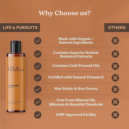 Life & Pursuits Turmeric Body Oil - Ayurvedic Natural Body Massage Oil with Vitamin E, Coconut Oil, Almond & Squalane| Reduces Dark Spots, Brightens Skin (6.8 Fl Oz (1Pack))