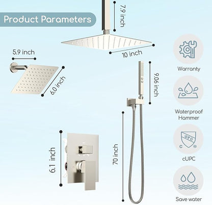Shower Faucet Set Brushed Nickel Shower System,Bostingner Five Function Diverter Shower Faucet with 2 in 1 Handheld,10'' Ceiling Mount and 6’‘ Wall Mount Shower Head Rainfall Shower Set with Valve