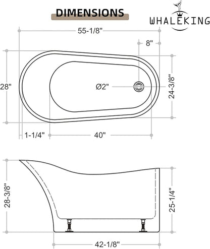 55" Black Modern Free Standing Soaking Slipper Bathtub, WHALEKING Luxury Stand Alone Deep Acrylic Hot Tub with Chrome Overflow & Drain,
