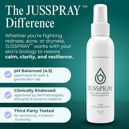 JusSpray™ Hypochlorous Acid (HOCl) Spray – Doctor Approved Skin Defense Mist 4 oz – Face & Body Toner for Sensitive, Acne & Eczema-Prone Skin, Redness Relief & Piercing Aftercare (3-Pack)