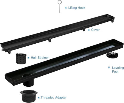Offset Linear Shower Drain, Black Shower Drain 36 inch with 2-in-1 Tile Insert Cover, Brushed 304 Stainless Steel Side Outlet Black Shower Floor Drain with Hair Catcher and Adjustable Feet