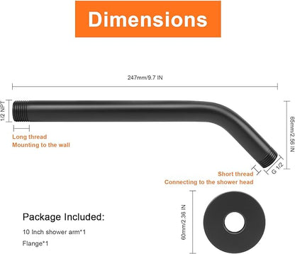 HarJue Shower Arm with Flange and Teflon Tape, Wall Mounted Shower Pipe 304 Stainless Steel Extension Arm for Fixed Shower Head & Handheld (10 Inch, Matte Black)