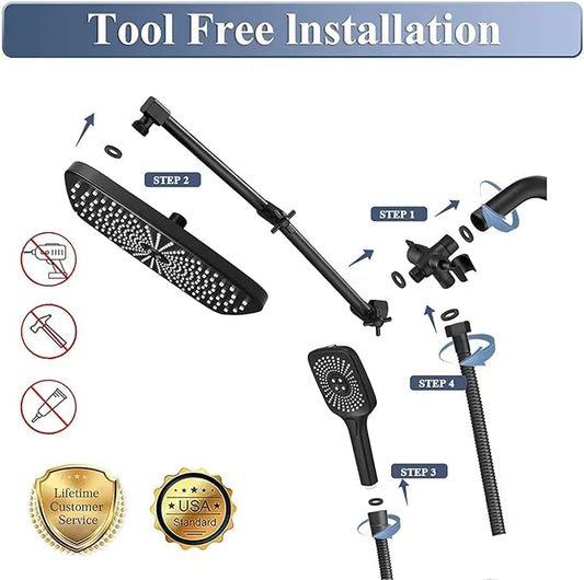 High Pressure Rain Shower Head with Handheld Spray Combo, 12 Inch Rainfall Shower Heads with Adjustable Extention Arm, Wide Dual Waterfall Showerhead with 3-Way Diverter(Matte Black)