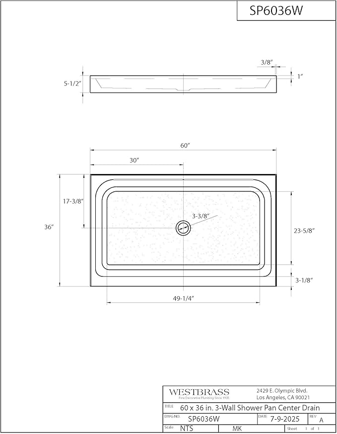 Westbrass SP6036WP-07 60" x 36" 3-Wall Shower Pan with Plastic Center Drain and 4-1/4" Cross Grid Brass Drain Cover, Satin Nickel