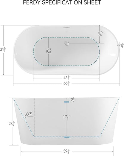 FerdY Luzon 67" Acrylic Freestanding Bathtub, Ergonomic Lightweight Classic Oval Soaking Bathtub with Chrome Drain, Classic Slotted Overflow, Modern White