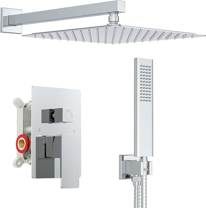Iriber 12 Inch Bathroom Shower System Polish Chrome Wall Mounted Square Mixer Shower Faucet Combo Set with Hand Held Rough-in Valve Rainfall Shower and Trim
