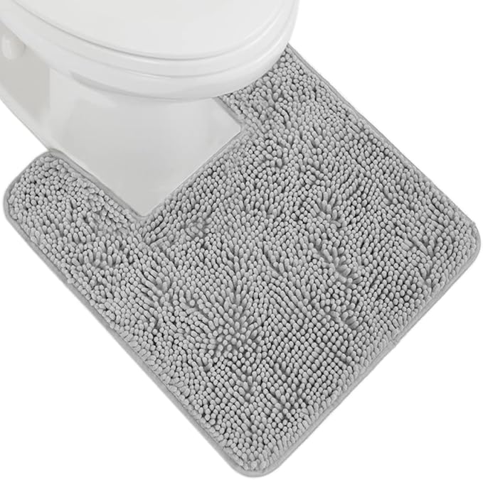 GORILLA GRIP Plush Absorbent Shaggy Chenille Bath Rug Mat for Square Toilet Base with Rubber Backing, Machine Washable Rugs, Soft Microfiber Contour Mats for Toilets, Bathroom Decor, Lt Gray