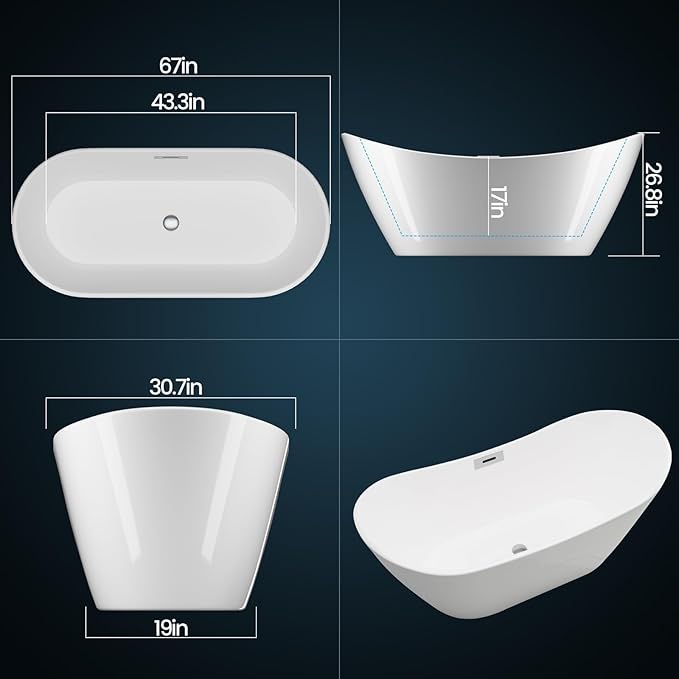 67'' Freestanding Bathtub, Acrylic, Deep Soaking Tub with Non-Slip Surface, Modern Free Standing Bath Tub, Chrome Drain, cUPC Certified, Easy Install, Space-Saving Bathtub for Bathrooms, White