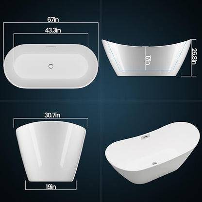 67'' Freestanding Bathtub, Acrylic, Deep Soaking Tub with Non-Slip Surface, Modern Free Standing Bath Tub, Chrome Drain, cUPC Certified, Easy Install, Space-Saving Bathtub for Bathrooms, White