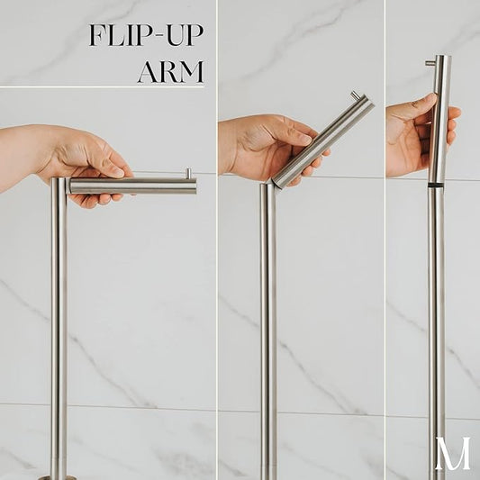 MARMOLUX ACC Free Standing Brushed Nickel Toilet Paper Holder Stand - 4 Jumbo Roll Bathroom Hardware - Standing Toilet Paper Holder - Stainless Steel Toilet Paper Stand - Brushed Steel/Black Marble