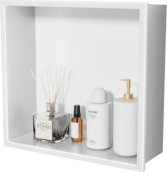 No Tile Needed Shower Niche - 12"x12" White 304 Stainless Steel Recessed Shelf,Over Mount Installation for Bathroom & Shower Wall,Waterproof