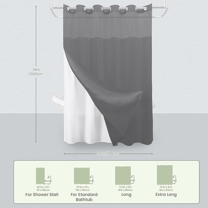 Inhousolu Long No Hook Shower Curtain with Snap in Fabric Liner Set Waffle Weave 230GSM Weighted Hem, Waterproof & Washable Bathroom Curtain Spa Luxury with Mesh Top Window 72" W x 78" L Grey
