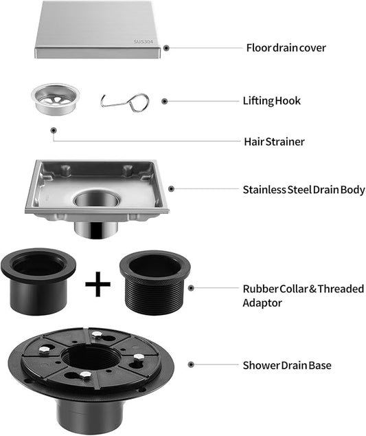 Hidden Brushed Square Shower Floor Drain, Silver 6 inch, 304 Stainless Steel, with Flange, Detachable Cover Embedded with Ceramic Tiles
