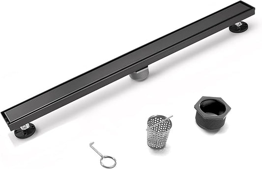 HEATGENE Linear Shower Drain 36-Inch, Stainless Steel Rectangle Shower Floor Drain with 2-in-1 Flat & Tile Insert Cover, Shower Drain with Leveling Feet & Hair Strainer, Matte Black
