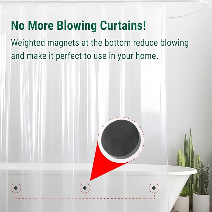 Bowery Home NOT Made in China Eco-Friendly Recycled PEVA Shower Curtain Liner – Waterproof, Sustainable, Non-Toxic Shower Curtain Liner, with Rust-Proof Grommets, 72x72IN, 4G – Clear