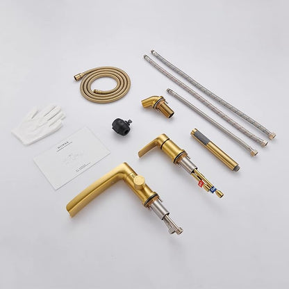 Waterfall Roman Tub Faucet Brushed Gold Deck Mount Bathtub Faucets Brass Tub Filler Bathroom Faucets with Hand Shower
