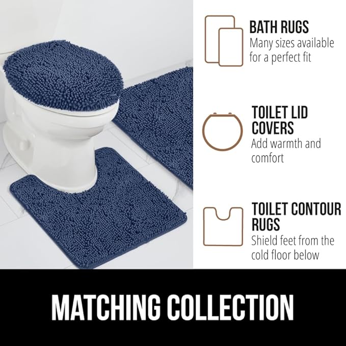 GORILLA GRIP Bathroom Rug Sets 3 Piece, Bath Mat Set and Oval Toilet Base with Rubber Backing, Plush Absorbent Shaggy Chenille Washable Mats, Includes 24x19.5, 24x17 and 36x24 Inch Rugs, Navy