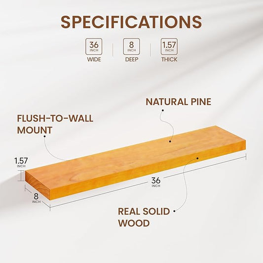Heimlove 36 inch Floating Shelves for Wall,2 Packs Natural Pine Solid Wood Floating Shelves, 8 inches Deep Wooden Shelves for Kitchen Bedroom Office & Living Room Display Wall Decor