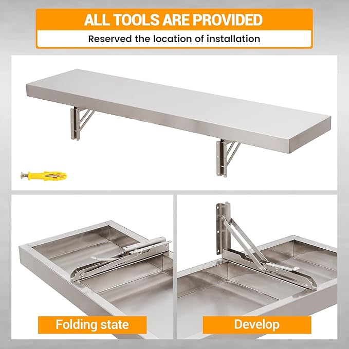 Stainless Steel Folding Concession Shelf 12" x 72" (2 Pack 12" x 36"), Drop Down Folding Serving Food Shelves, Heavy Duty Wall Mount Shelving Rack for Concession Windows, Food Truck