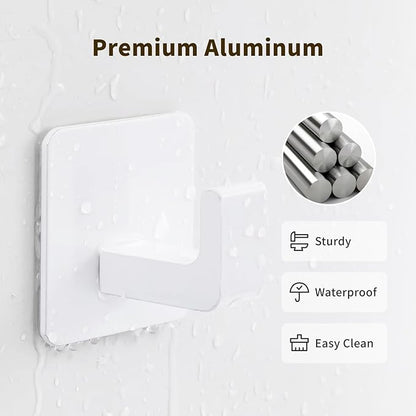 Square Self Adhesive Towel Hooks - 4 Pack Matte White Metal Hooks, Right-Angle Design for Towels, Robes & Hats, Organize Bathroom, Kitchen, Entryway, Doors, Cabinets on Smooth Surfaces