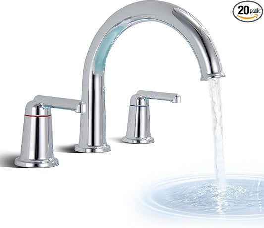 High Flow Roman Tub Faucet with Valve, Widespread Solid Brass 3 Hole Bathtub Faucet, 2 Handle Deck Mount Bath Tub Filler with Supply Water Hoses, Polished Chrome