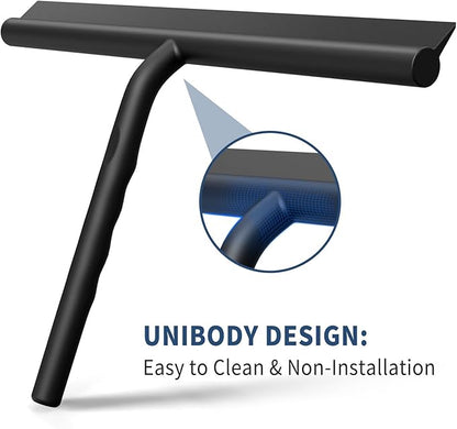 ecooe Silicone Shower Squeegee with Hanger, 11″/28cm Shower Squeegee for Glass Doors, Black Window Squeegee Scraper with Stainless Steel Core for Home Bathroom Kitchen Car Glass Doors