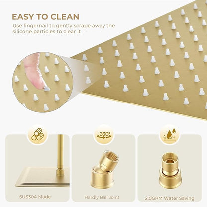 High Pressuer Square Rain Shower Head, Ultra Thin, SUS304 Stainless Steel, Universal Any Decorative Style, All Metal Rainfall Shower Head, Brushed Gold, 2.5 Gpm, 12 inch