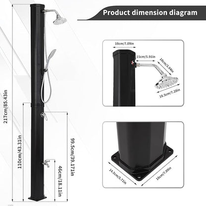 9.3 Gallon Solar Heated Outdoor Shower, 7.2FT Height, 360°Rotating Rainfall + 6FT Handheld Shower + Foot Faucet, Freestanding Black Poolside Shower with Hot & Cold Water Adjustment