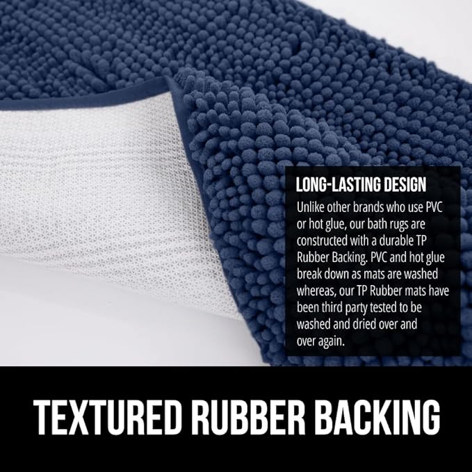 GORILLA GRIP Bathroom Rug Sets 3 Piece, Bath Mat Set and Oval Toilet Base with Rubber Backing, Plush Absorbent Shaggy Chenille Washable Mats, Includes 24x19.5, 24x17 and 30x20 Inch Rugs, Navy