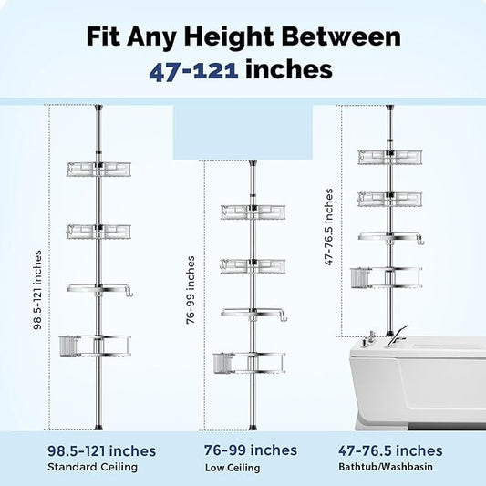HAMITOR Corner Shower Caddy Tension Pole: Quick Installation 4-Tier Rustproof Bathroom Organizer Shelves for Bathtub Shampoo Storage - 47-121 inch Adjustable Floor Standing Bath Rack Holder - Silver
