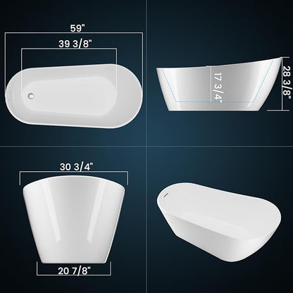 Freestanding Bathtubs 59 Inch Free Standing Bath Tub with Chrome Drain & Integrated Overflow, Elegant Free Standing Soaking Tub for Apartment or Condo Bathrooms, Luxury Soaking Tub for Relaxation