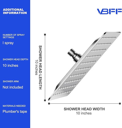VBFF-Shower Head,rain shower head, 10 inch- Square Shower Head, 1.8 GPM Flow Rate, rainfall showerhead,VBFF08(Chrome)