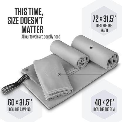 VENTURE 4TH Quick Dry Towel. Microfiber Travel Towel Ideal for Camping, Hiking, Backpacking, Gym. Lightweight & Fast Drying Travel Towels for Body. Compact & Easy to Pack - Light Gray Medium