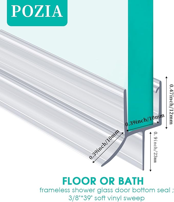 POZIA Clear Frameless Glass Shower Door Bottom Seal | Shower Door Sweep for Leak-Proof, Quick Installation to Create Reliable Water Barrier (2PACK-3/8in-23mm Gap)