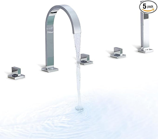 High Arc 5 Hole Roman Tub Filler with Handheld Showerhead Bathroom Widespread Waterfall Bathtub Faucet Set Deck Mounted, Chrome