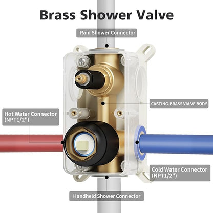 Gabrylly Shower System Black, Rainfall Shower Faucet Set Complete, 12" High-Pressure Stainless Steel Rain Showerhead with handheld Shower Spray Combo, 2 Way Valve Included, Matte Black