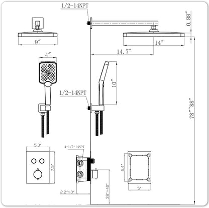 Thermostatic Shower Valve/System 12 inches Nickel Brass Faucet Set With Diverter/Mixer With Handheld Rain Head High Pressure Modern Rainfall