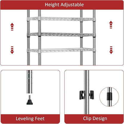 IZEUK 3 Tier Heavy Duty Steel Storage Shelves, Metal Shelf Wire Shelving Rack for Pantry, Kitchen, Cloakroom or Office Organization (11.8" D x 25.6" W x 31.5" H, 750LBS, Chrome)