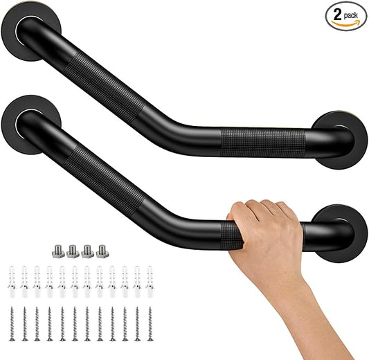 16 Inch Angled Shower Grab Bar Black, Munzong 2 Pack Anti Slip Bathroom Grab Bar, Knurled Bathroom Balance Bar,Safety Hand Rail Support Handicap Elderly Injury Senior Assist Bath Handle-1.25” Tube